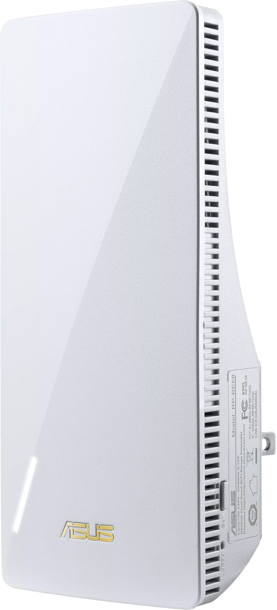 Fehér ASUS router szögben. Oldala szellőzőkkel, jelölésekkel. ASUS logó.