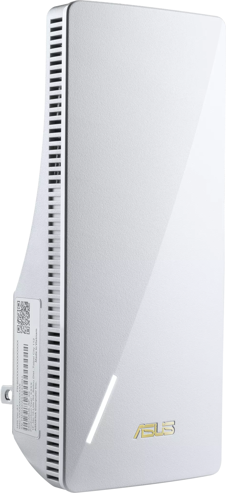 Fehér ASUS router szögben, logó látható. Oldala szellőzőkkel, QR kóddal.