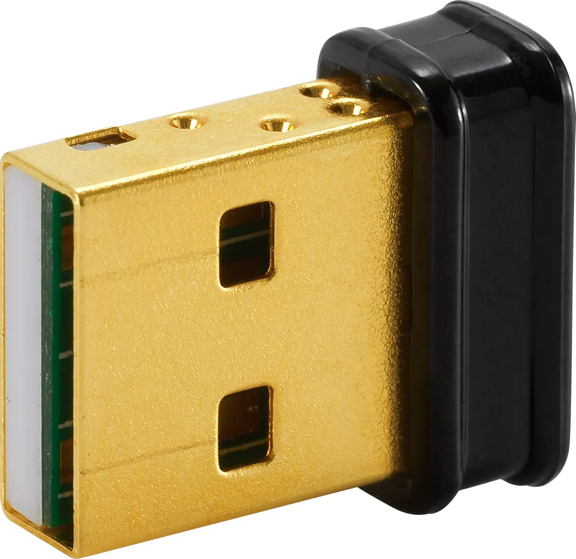 Arany-fekete ASUS USB dongle. Fekete kupak, arany csatlakozó zöld áramkörrel.