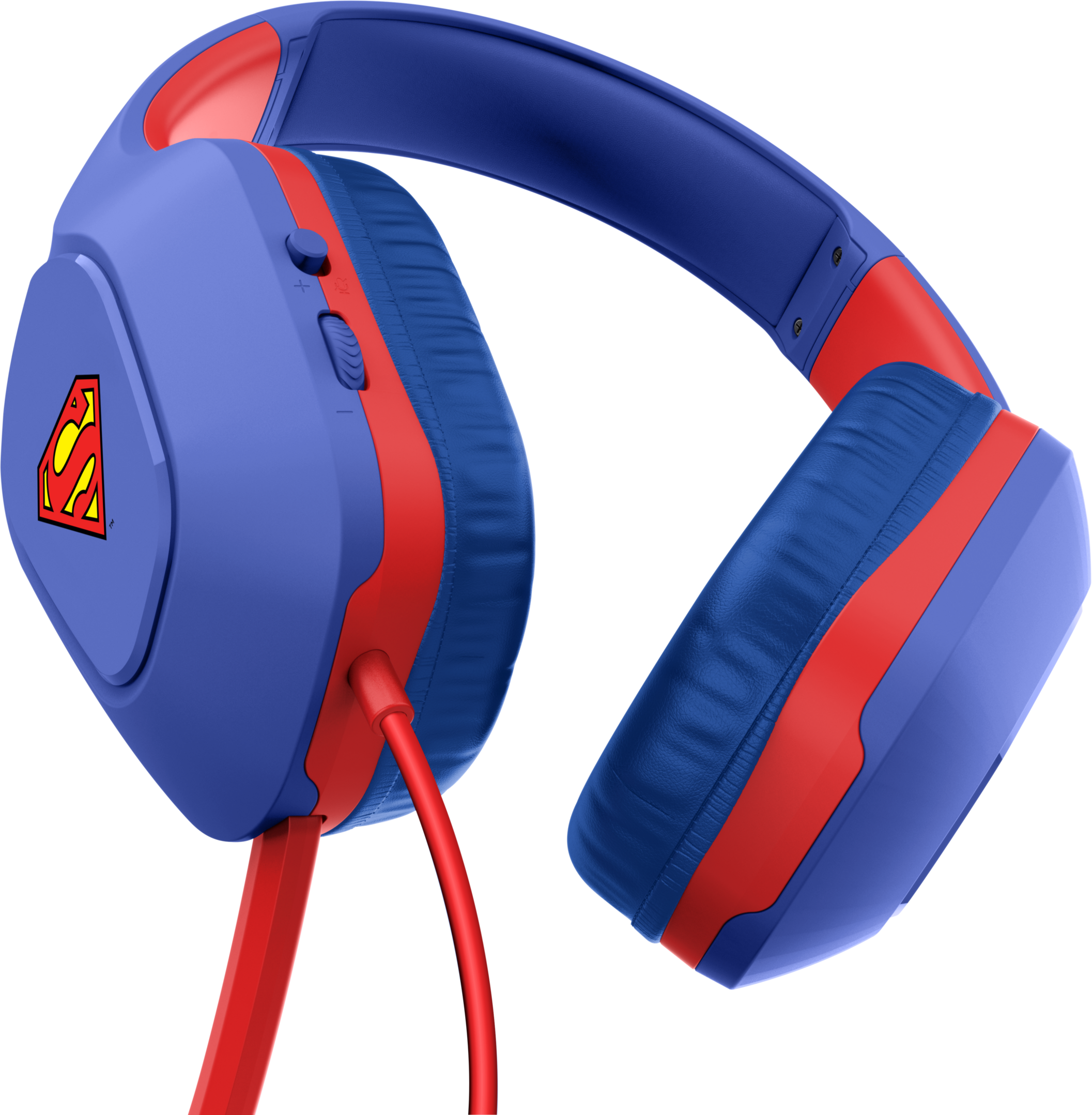 Kék-piros Superman fejhallgató. Superman logó az oldalon. Piros kábel.