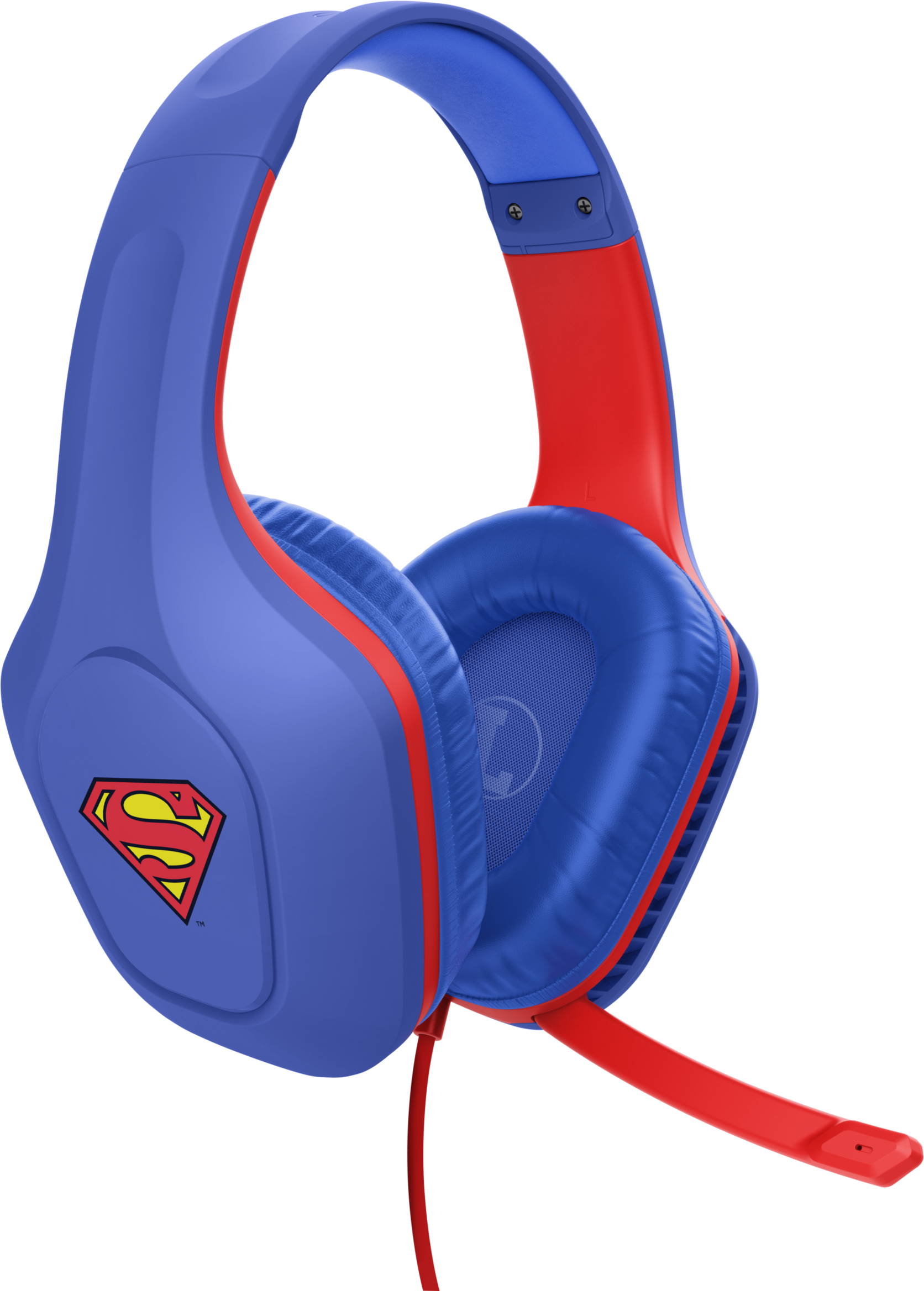Kék-piros Superman fejhallgató. Superman logó az oldalon. Piros kábel.