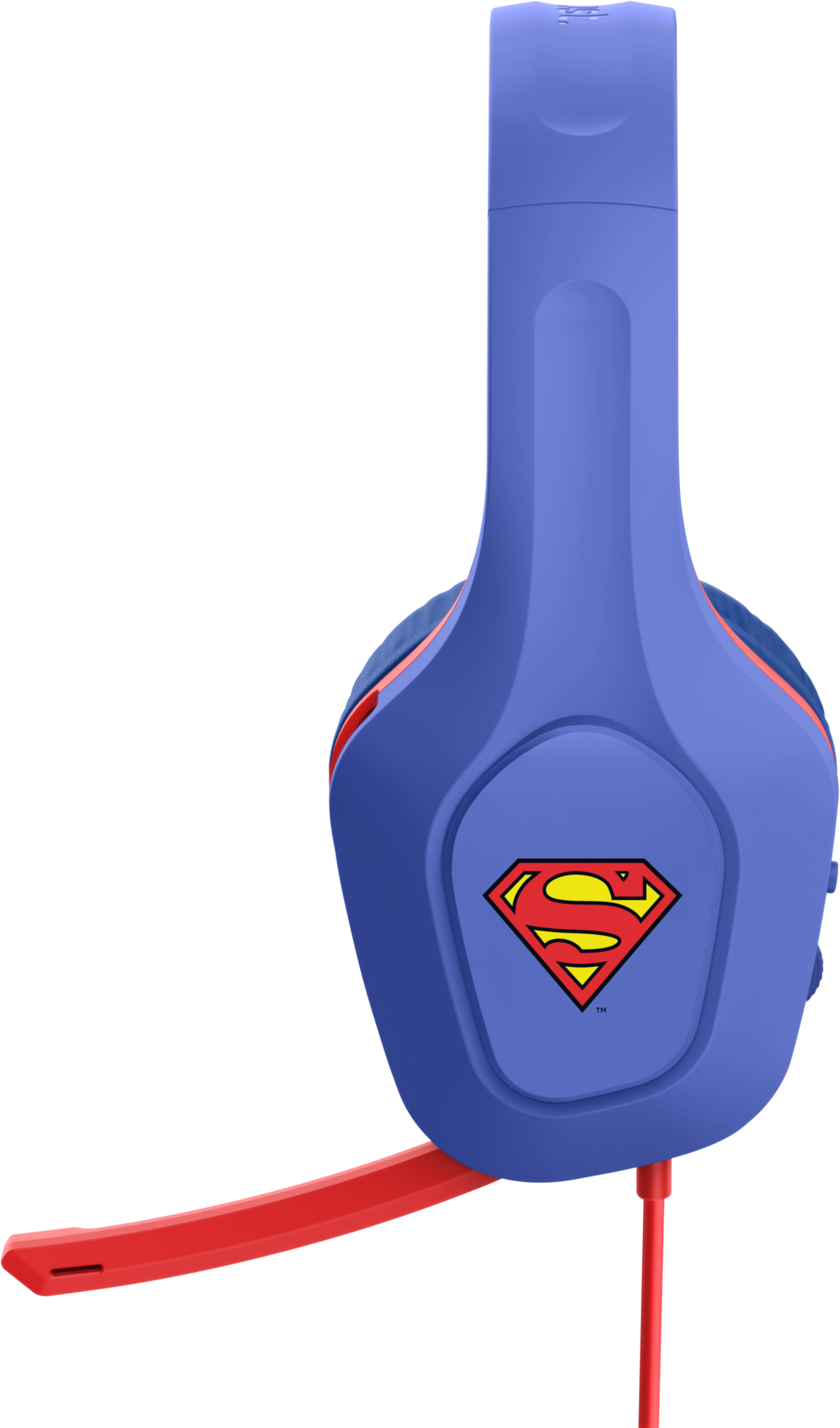 Kék-piros Superman fejhallgató. Superman logó. Piros kábel, mikrofon.