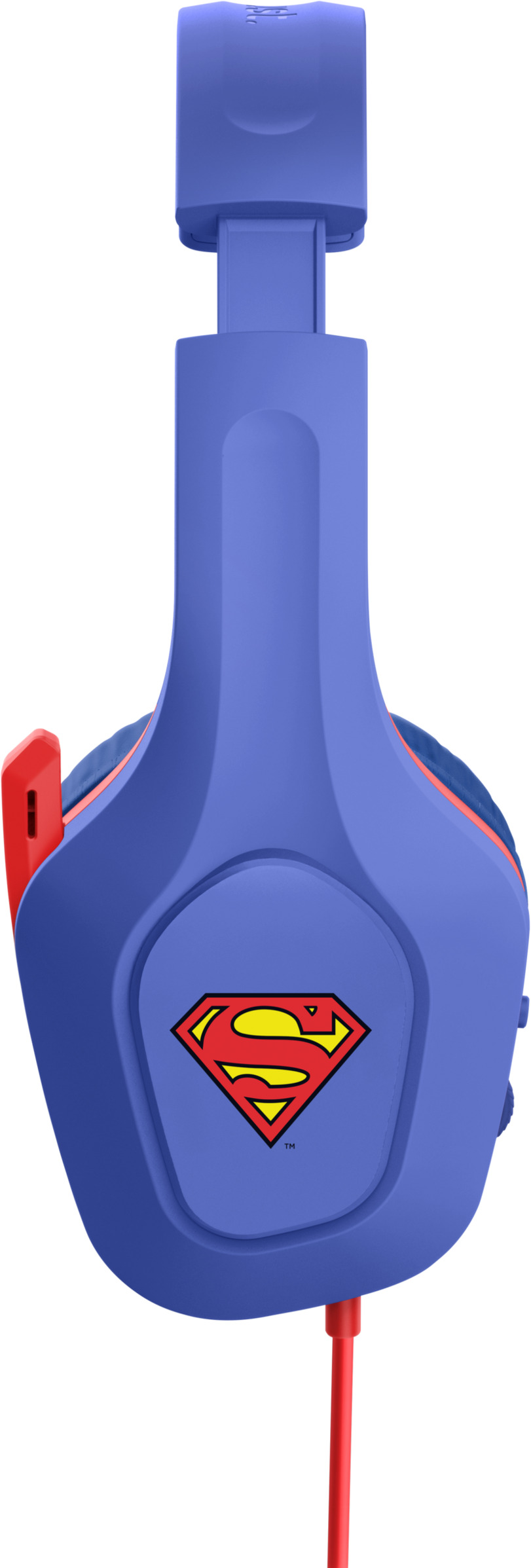 Kék-piros Superman fejhallgató. Superman logó. Piros kábel, mikrofon.