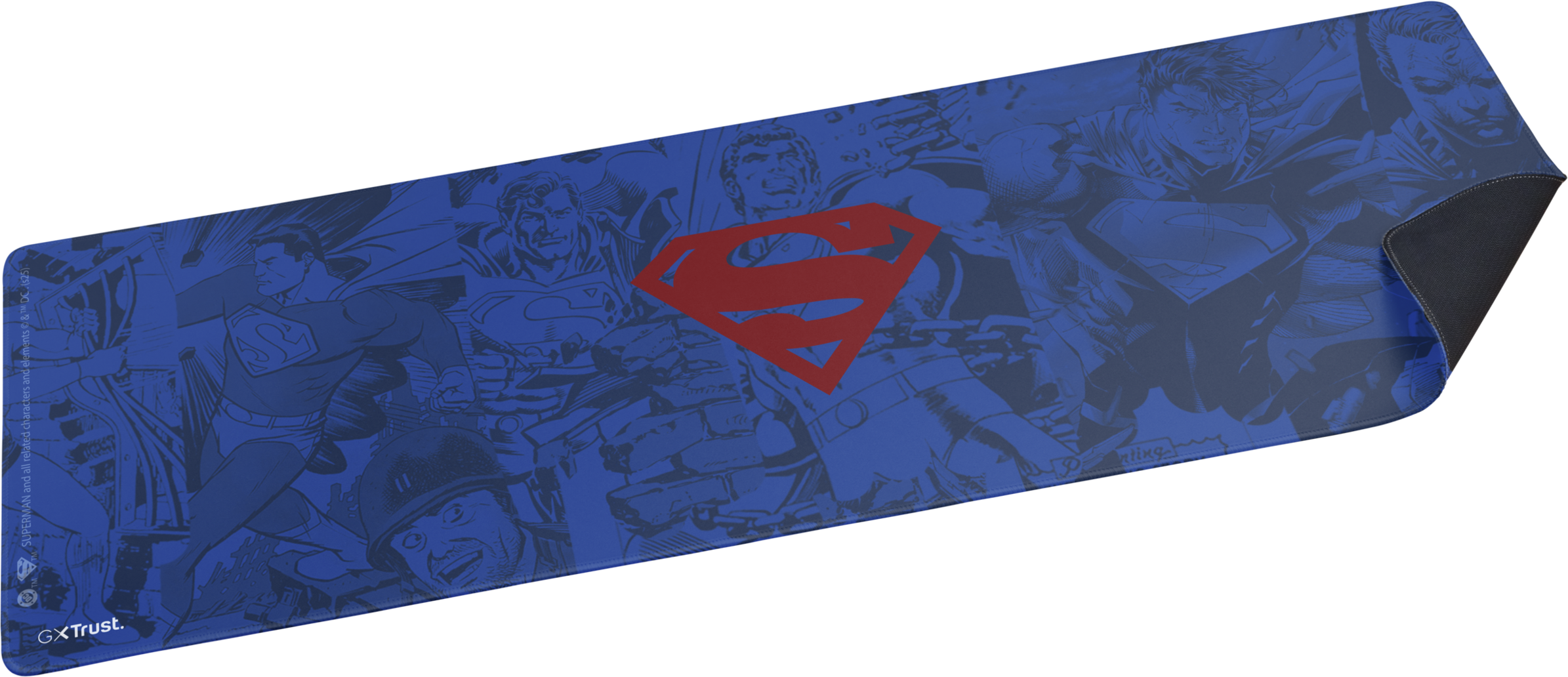 Kék Superman egérpad. Képregény stílusú illusztrációk és piros Superman logó.