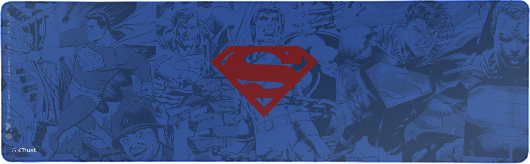 Kék Superman egérpad képregény stílusú illusztrációkkal és piros Superman logóval.