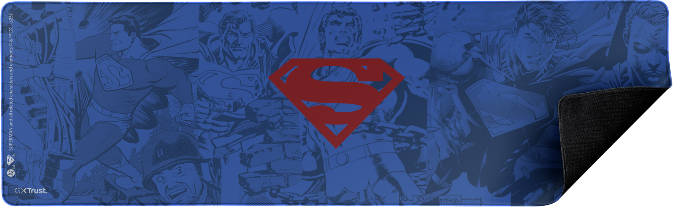 Kék Superman egérpad képregény stílusú illusztrációkkal és piros Superman logóval.