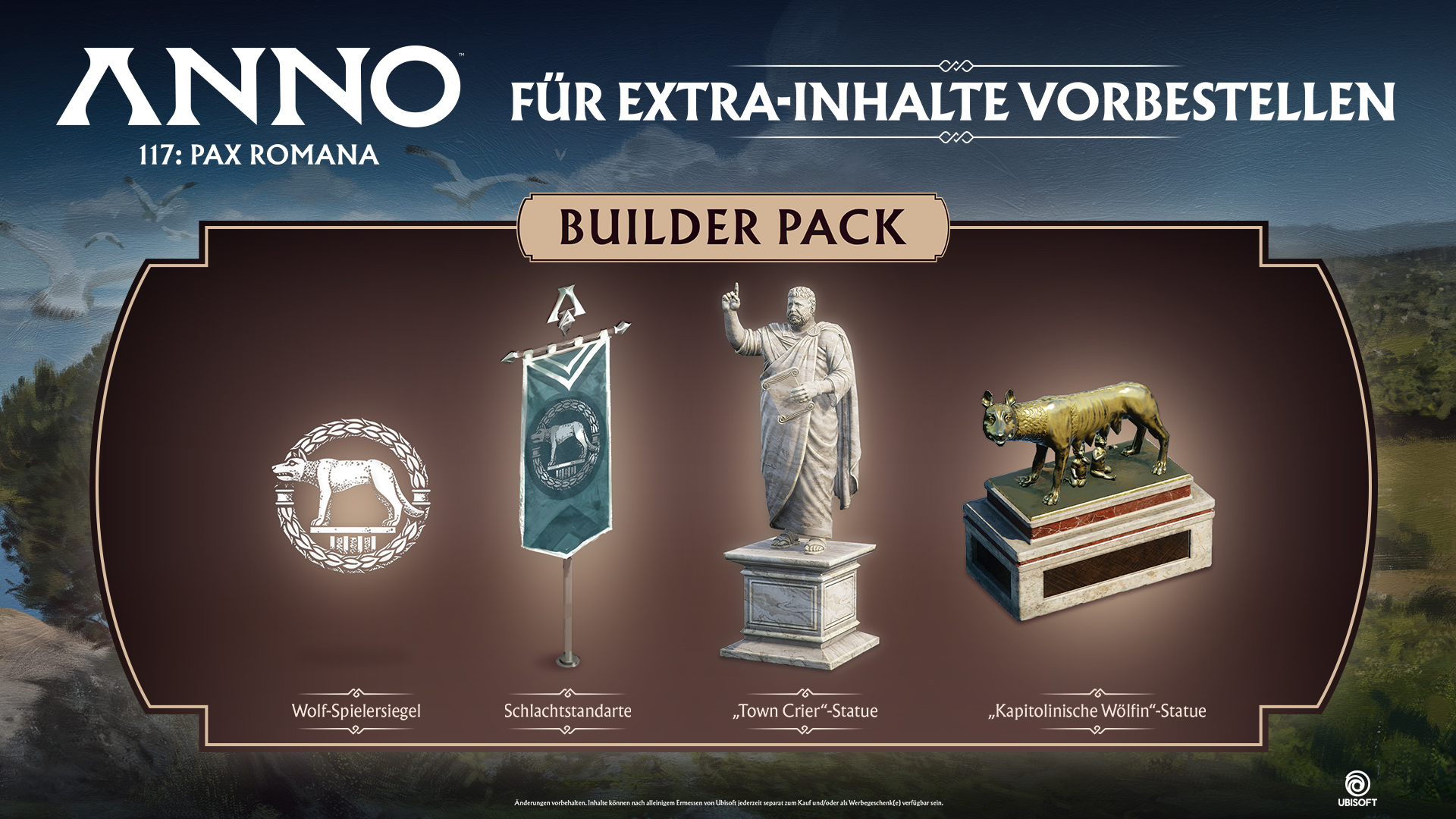 Werbebild für Anno 117: Pax Romana, das Inhalte des Builder-Pakets wie Wolfssiegel, Statue und Banner zeigt.