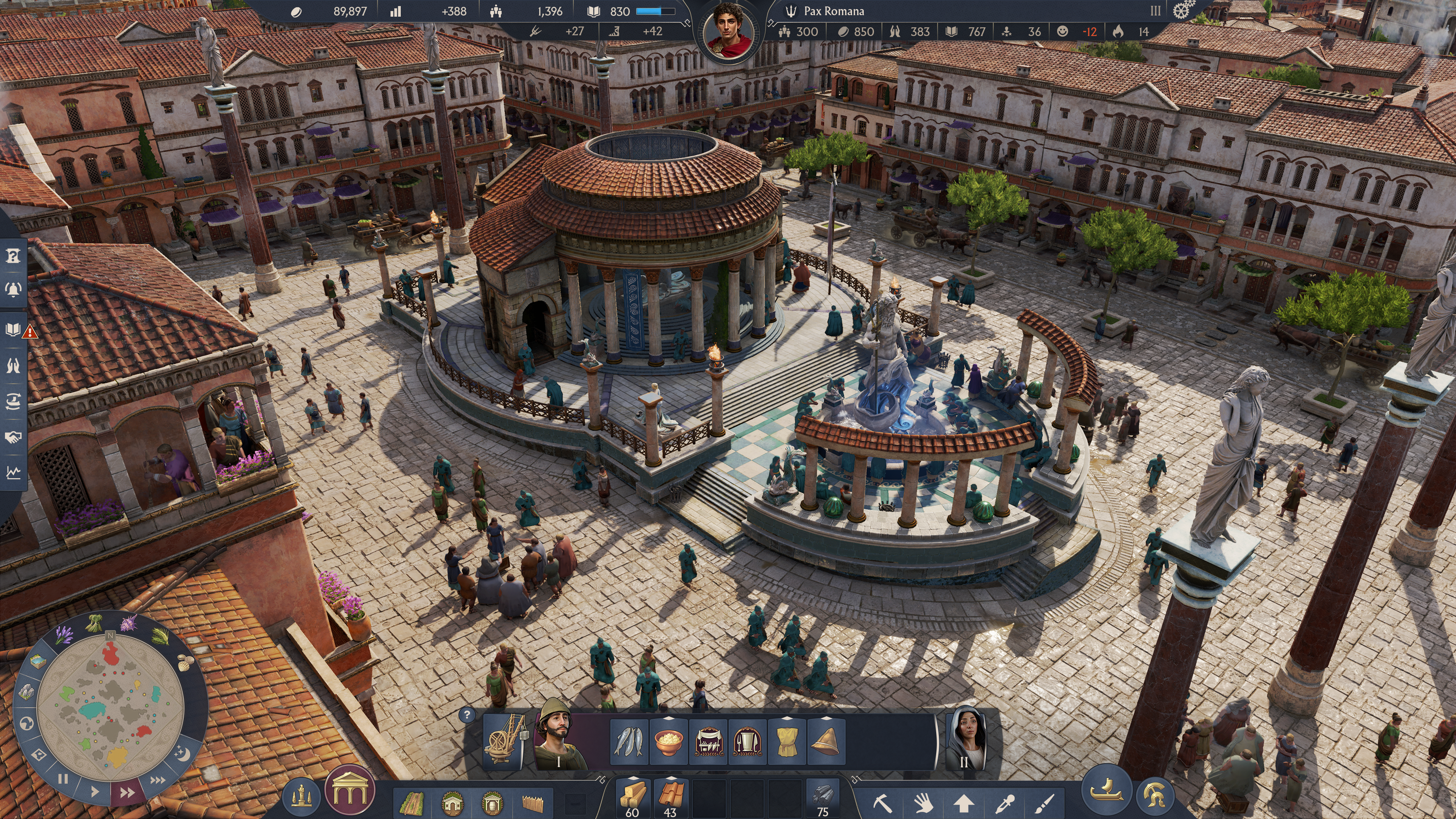 Ein Stadtplatz mit einer zentralen Rotunde, Statuen und Menschen, die sich tummeln.