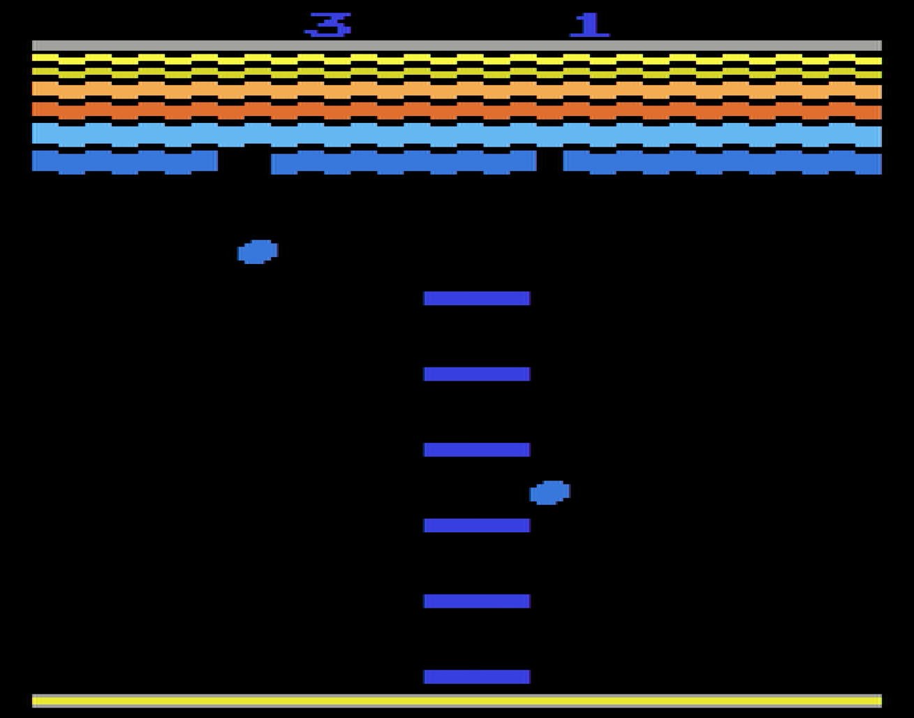 Écran de jeu pixélisé avec une balle rebondissante, des briques et une raquette.