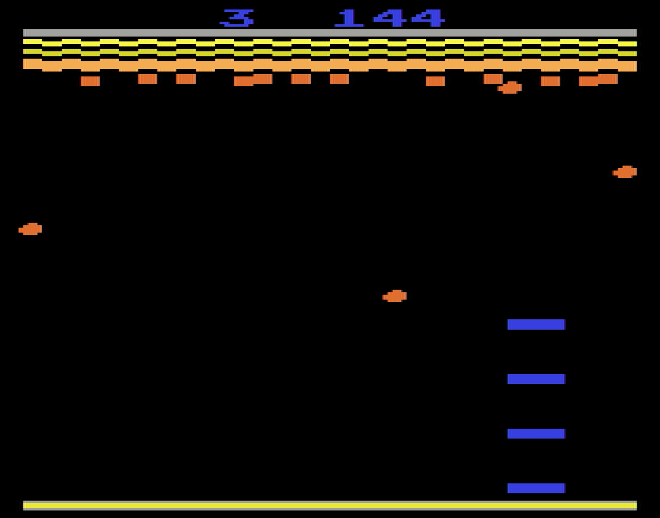 Écran de jeu pixélisé avec des balles rebondissantes, des briques et une raquette. Score : 144.