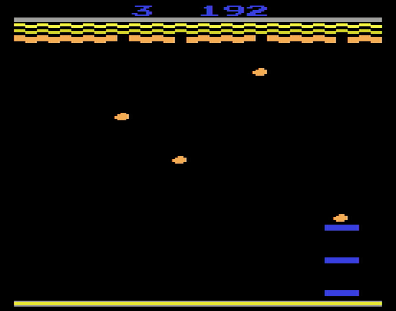 Écran de jeu pixélisé avec des balles rebondissantes, des briques et une raquette. Score : 192.