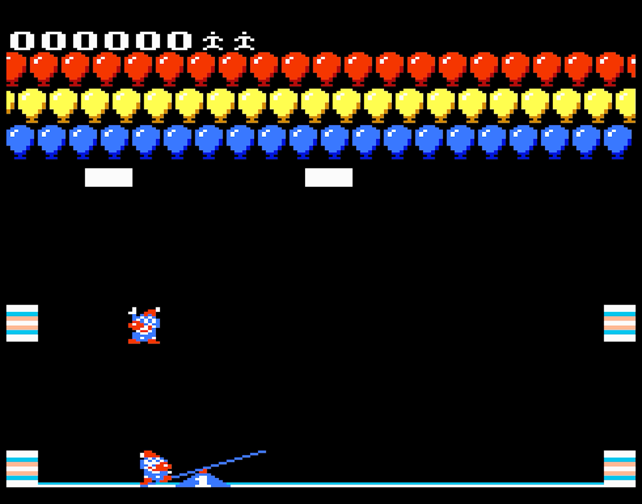 Écran de jeu pixélisé avec des ballons, un clown et une bascule.