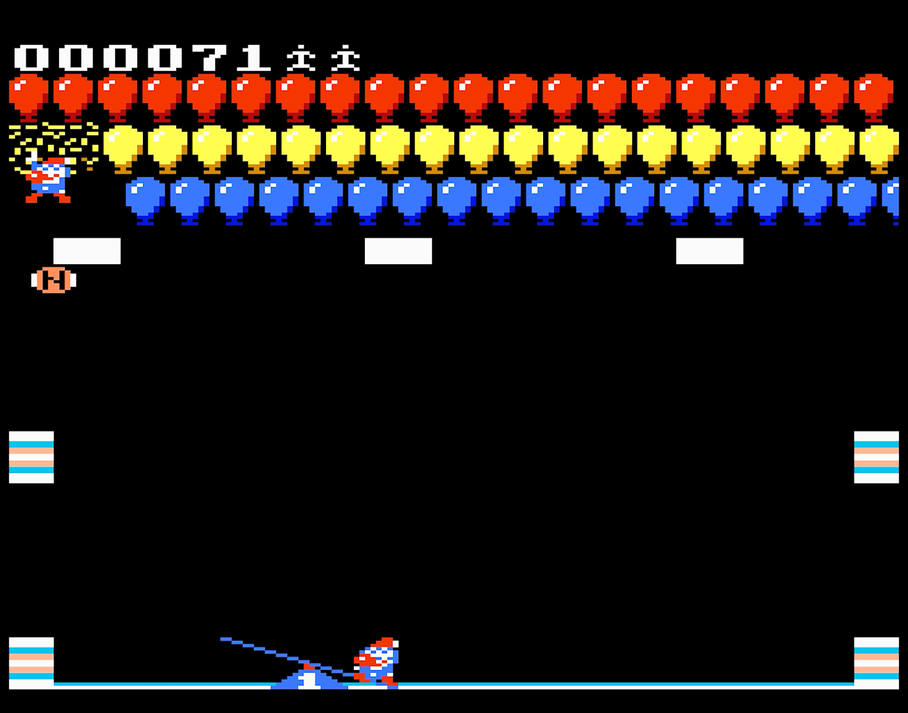 Jeu d'arcade : Personnage sur une bascule vise à éclater des ballons. Ballons colorés en haut. Fond noir.