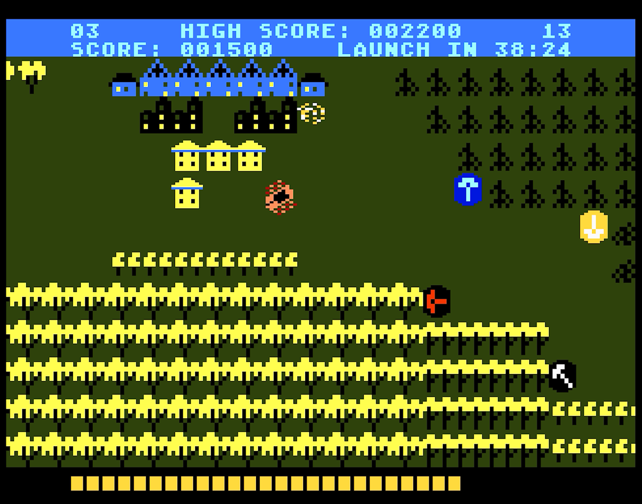 Scena di gioco retrò: Personaggio in paesaggio con alberi, strutture e un fiume. Oggetto giallo e nemico visibili.