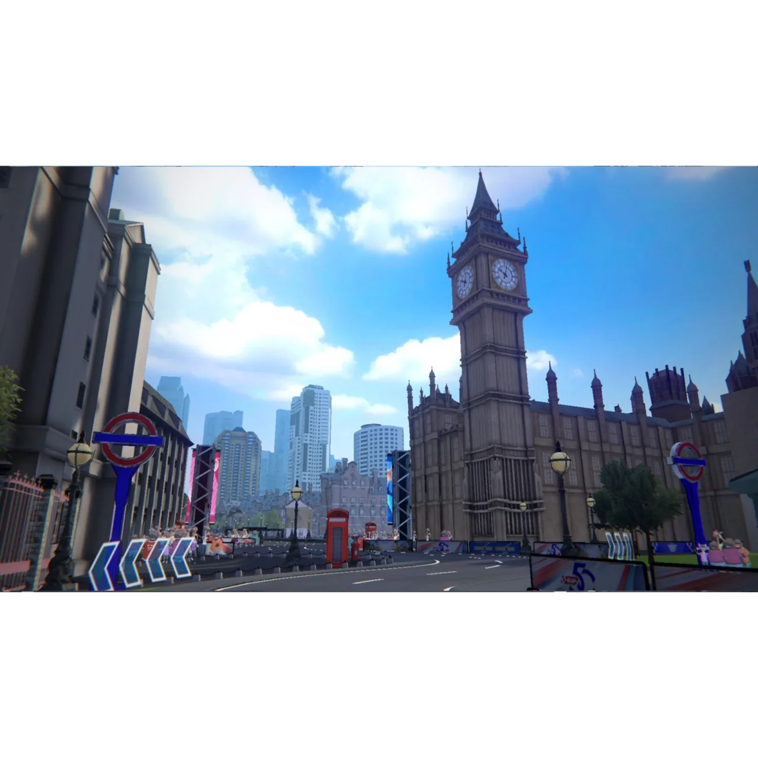 Een stadsgezicht met Big Ben. Gebouwen, borden en een rode telefooncel zijn ook aanwezig.
