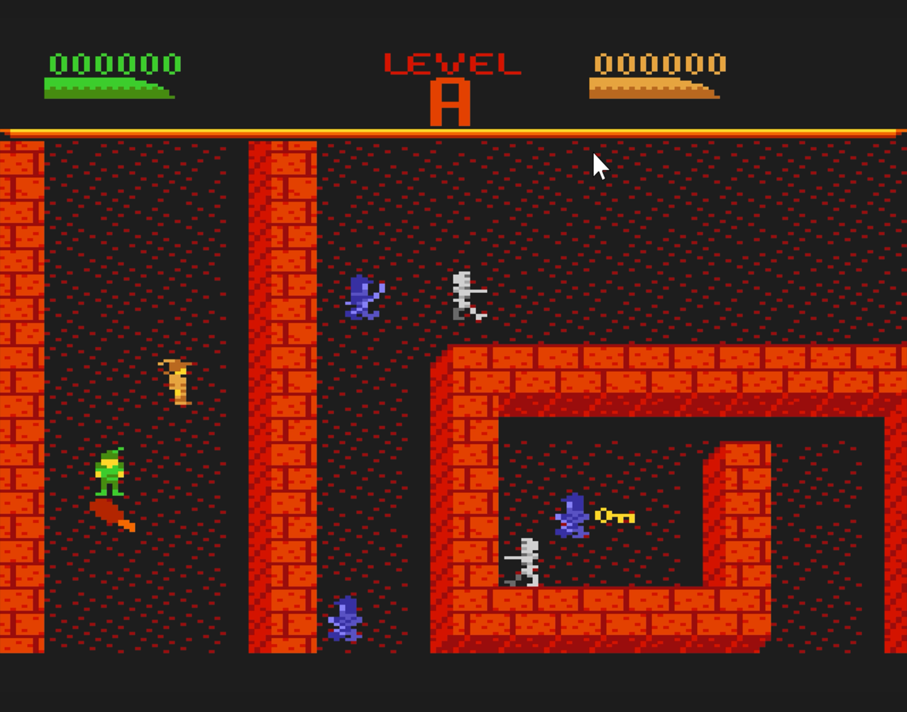 Une scène de jeu pixélisée. Un personnage navigue dans un labyrinthe, avec des ennemis et des obstacles.