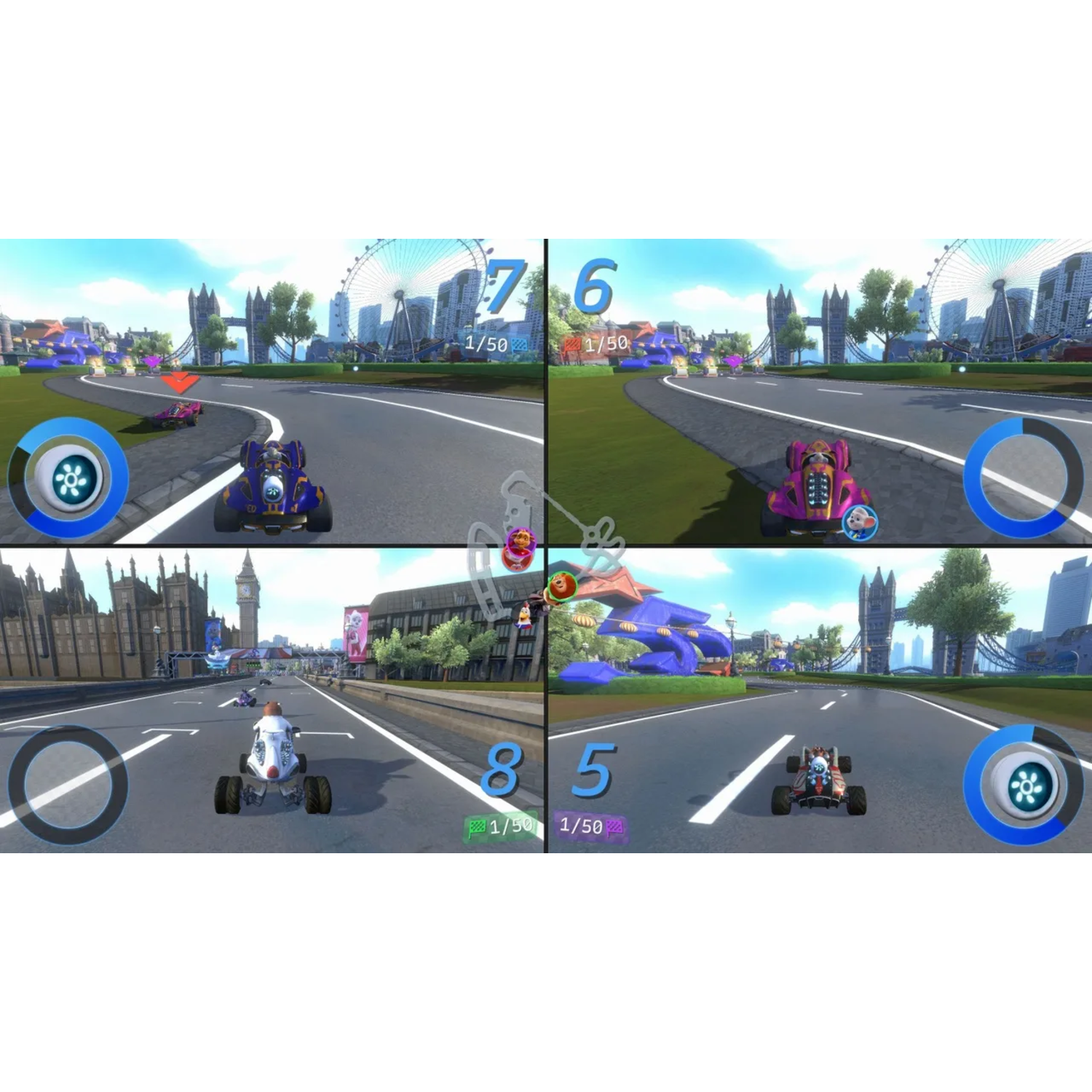 Een racegame-scène. Verschillende karts racen op een baan, met Londense bezienswaardigheden op de achtergrond.