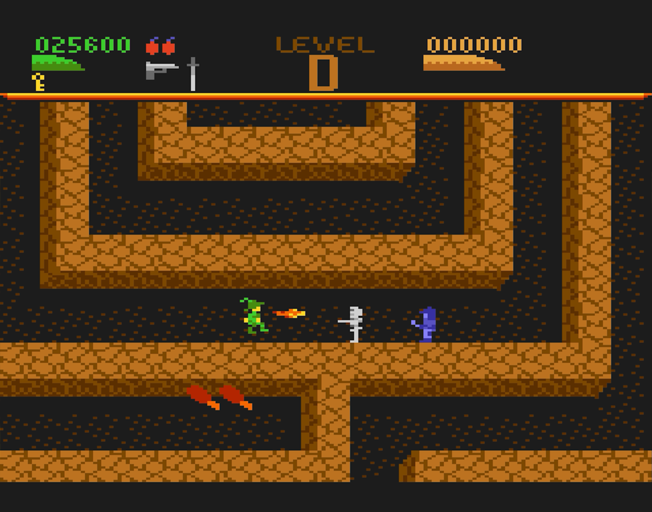 Une scène de jeu pixélisée. Un personnage navigue dans un labyrinthe, avec des ennemis et des obstacles.