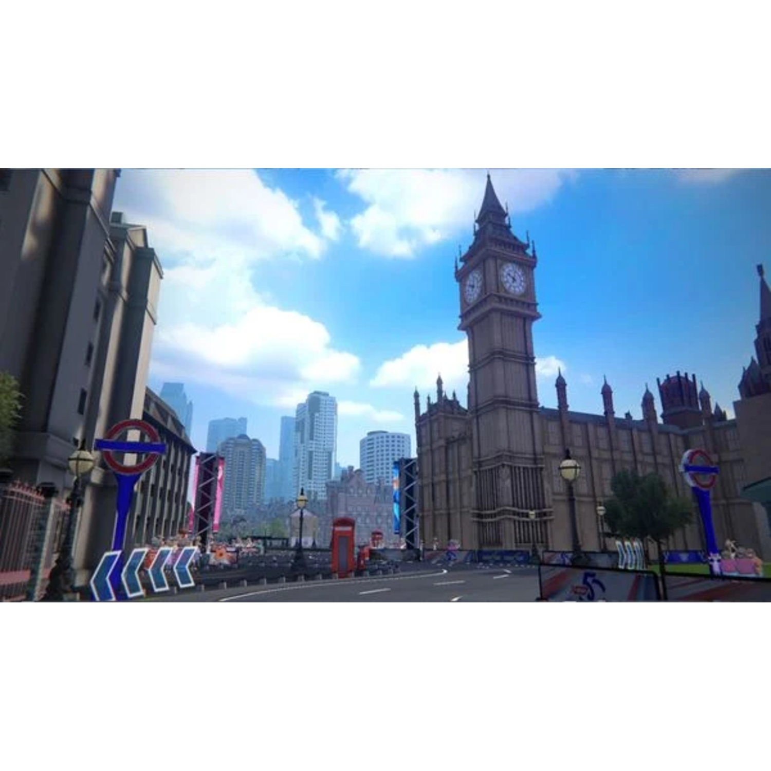 Londen straatscène met Big Ben en een rode telefooncel. Blauwe lucht en wolken.