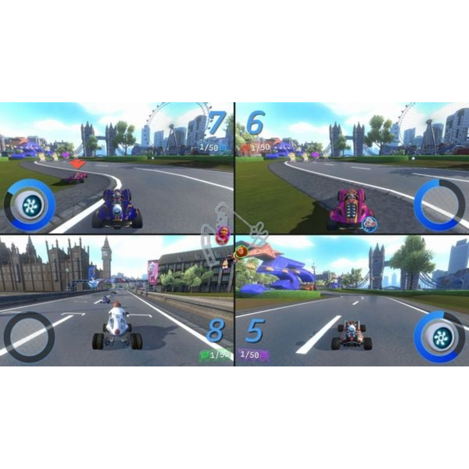 Racegame-interface. Vier split-screen weergaven van een race die bezig is.