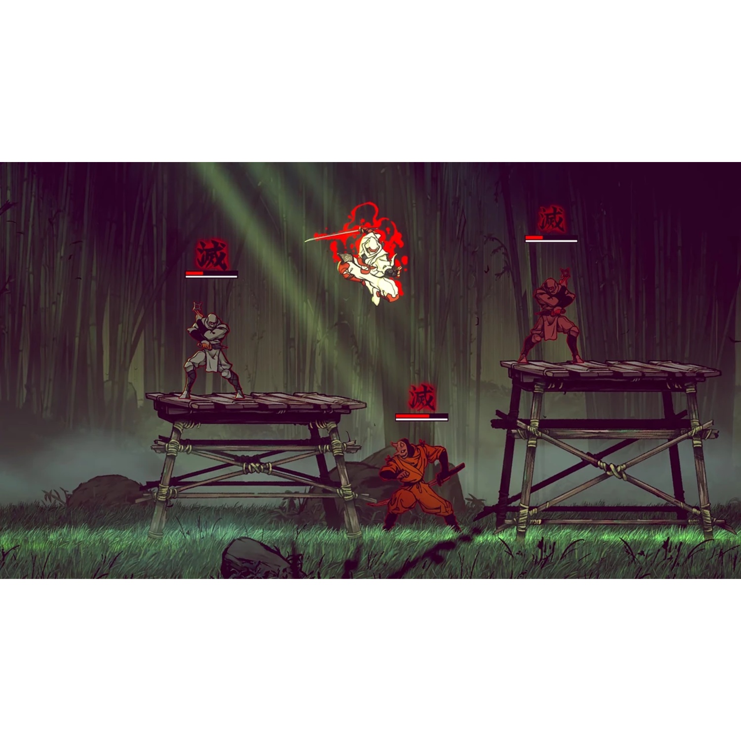 Spelscène: Ninja's op platforms, vechten. Bamboe bos achtergrond, rood kleurenschema.