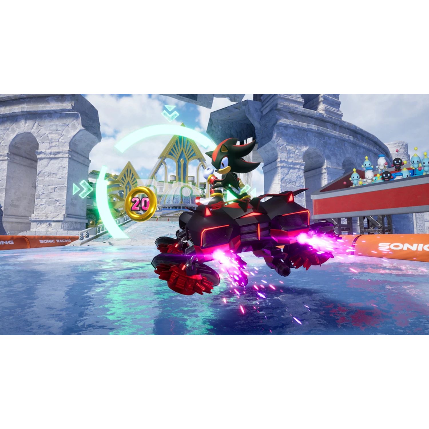 Shadow in a black vehicle on a water track, with a green ring and other characters in the background.