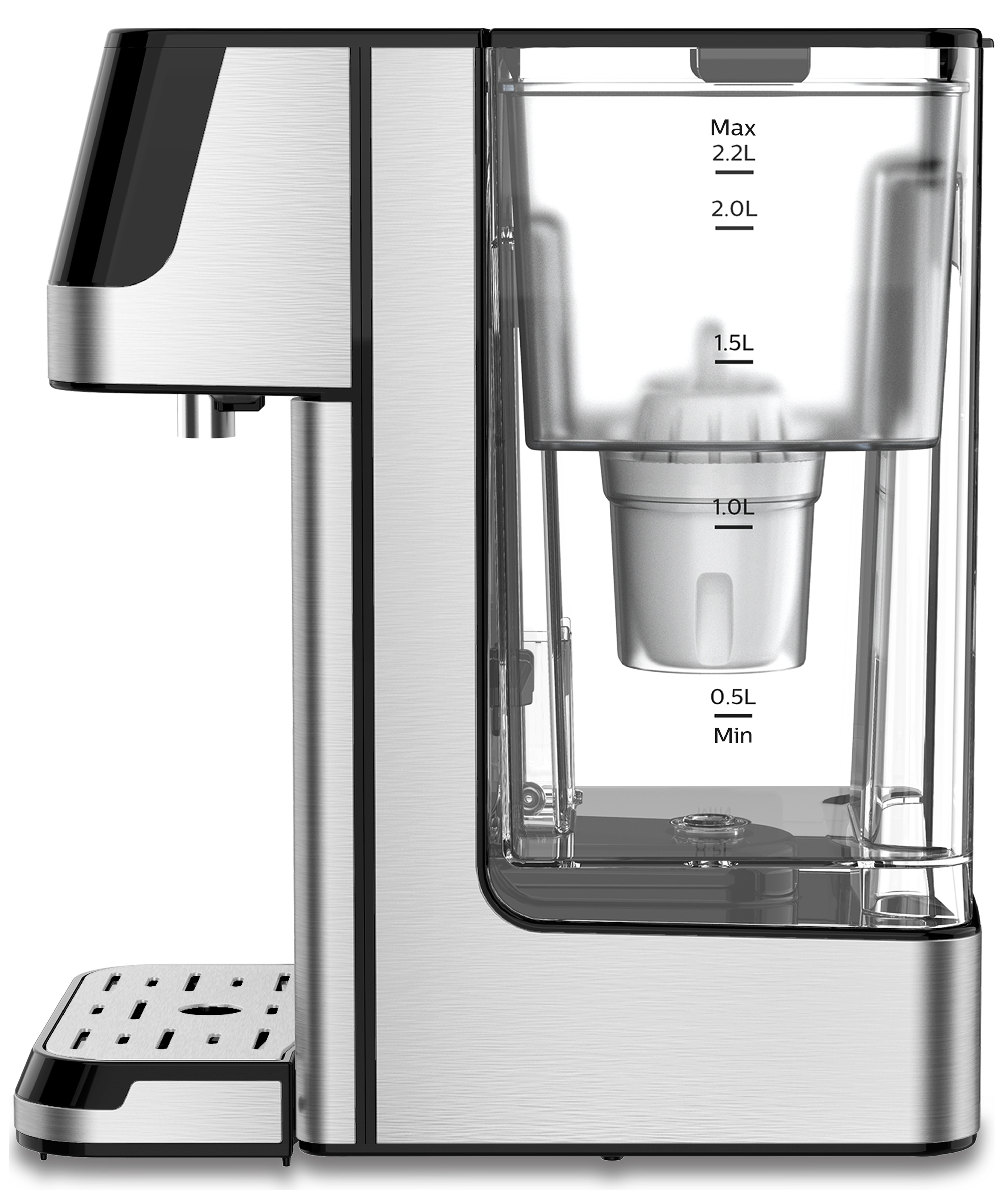 Srebrno-czarny dystrybutor wody Philips. Przezroczysty zbiornik na wodę ze wskaźnikami. Białe tło.