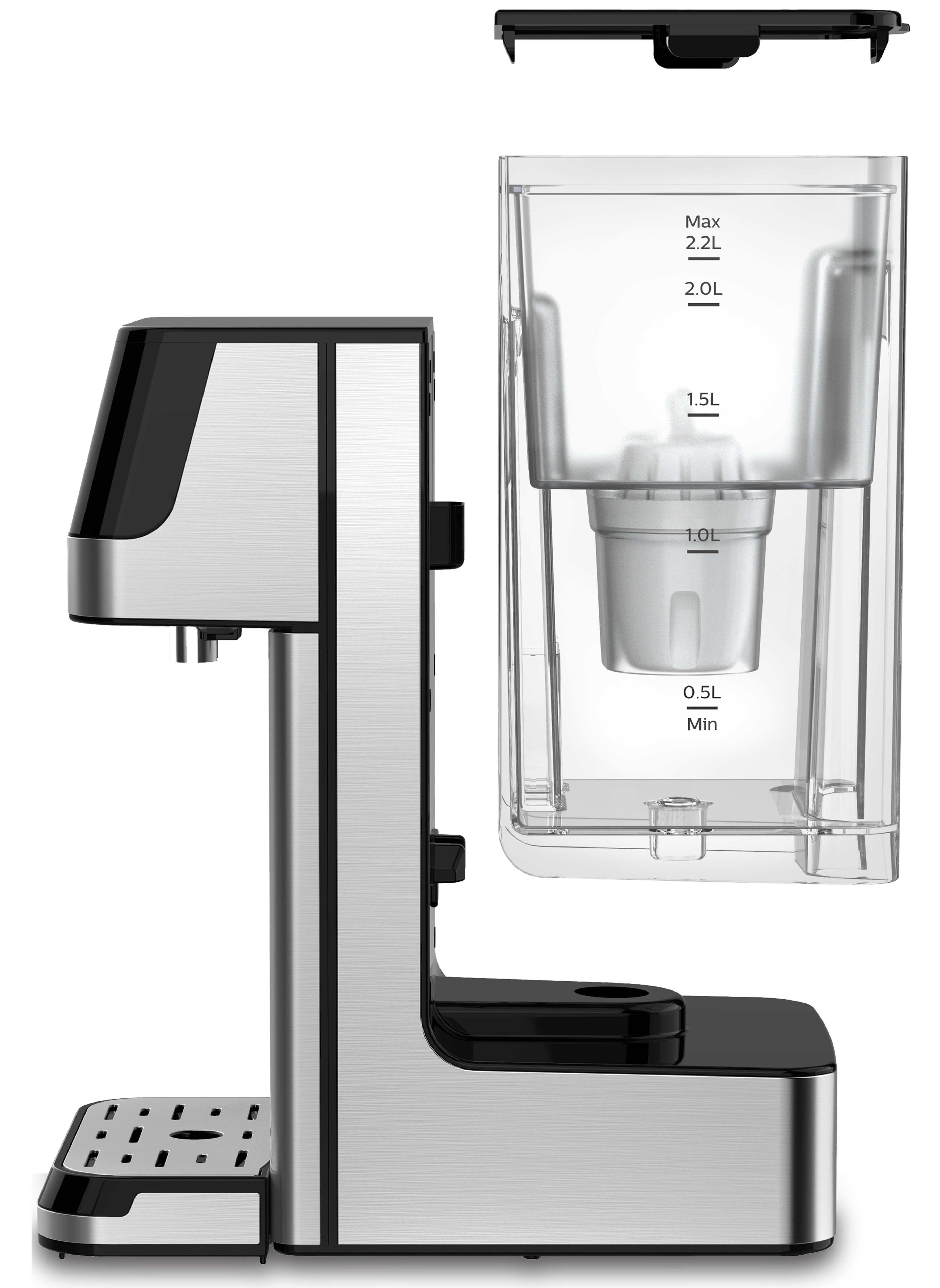 Srebrno-czarny dystrybutor wody Philips. Przezroczysty zbiornik na wodę ze wskaźnikami. Białe tło.