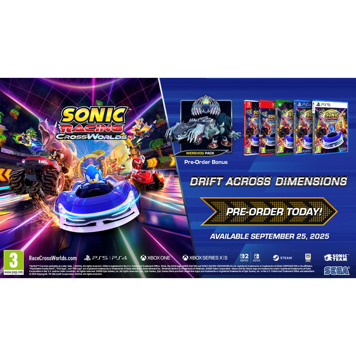 Sonic Racing CrossWorlds game cover with characters and cars, with a release date in September 2025.