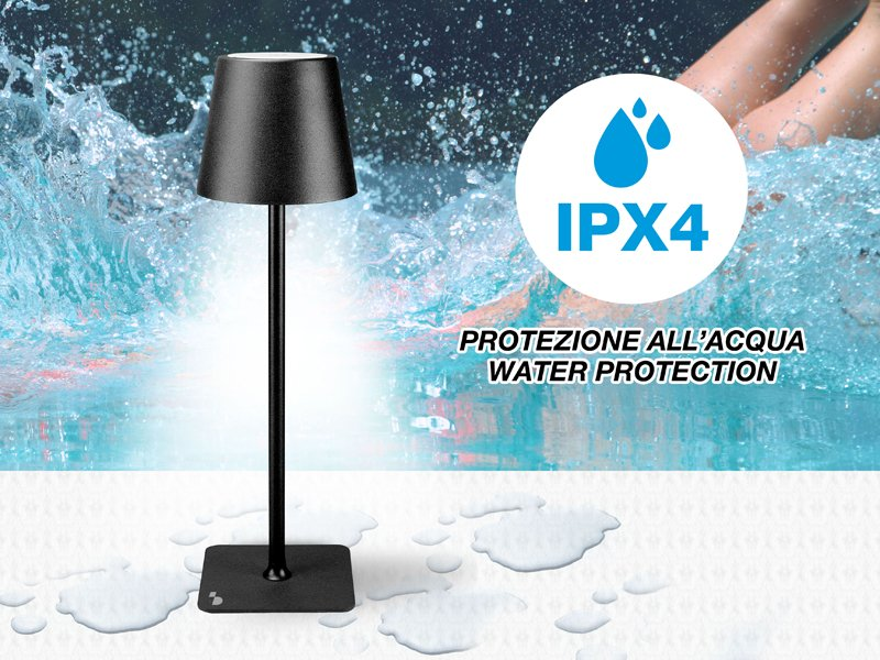 Fekete lámpa fehér felületen, IPX4 vízvédelem szimbólum, személy a vízben háttérben.