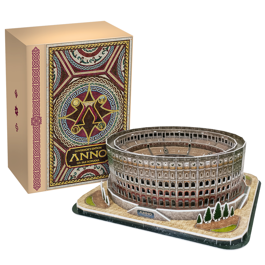 Ein Brettspielkarton und ein 3D-Modell des Kolosseums. Die Schachtel ist mit Mosaiken verziert, das Modell steht auf einem Sockel.