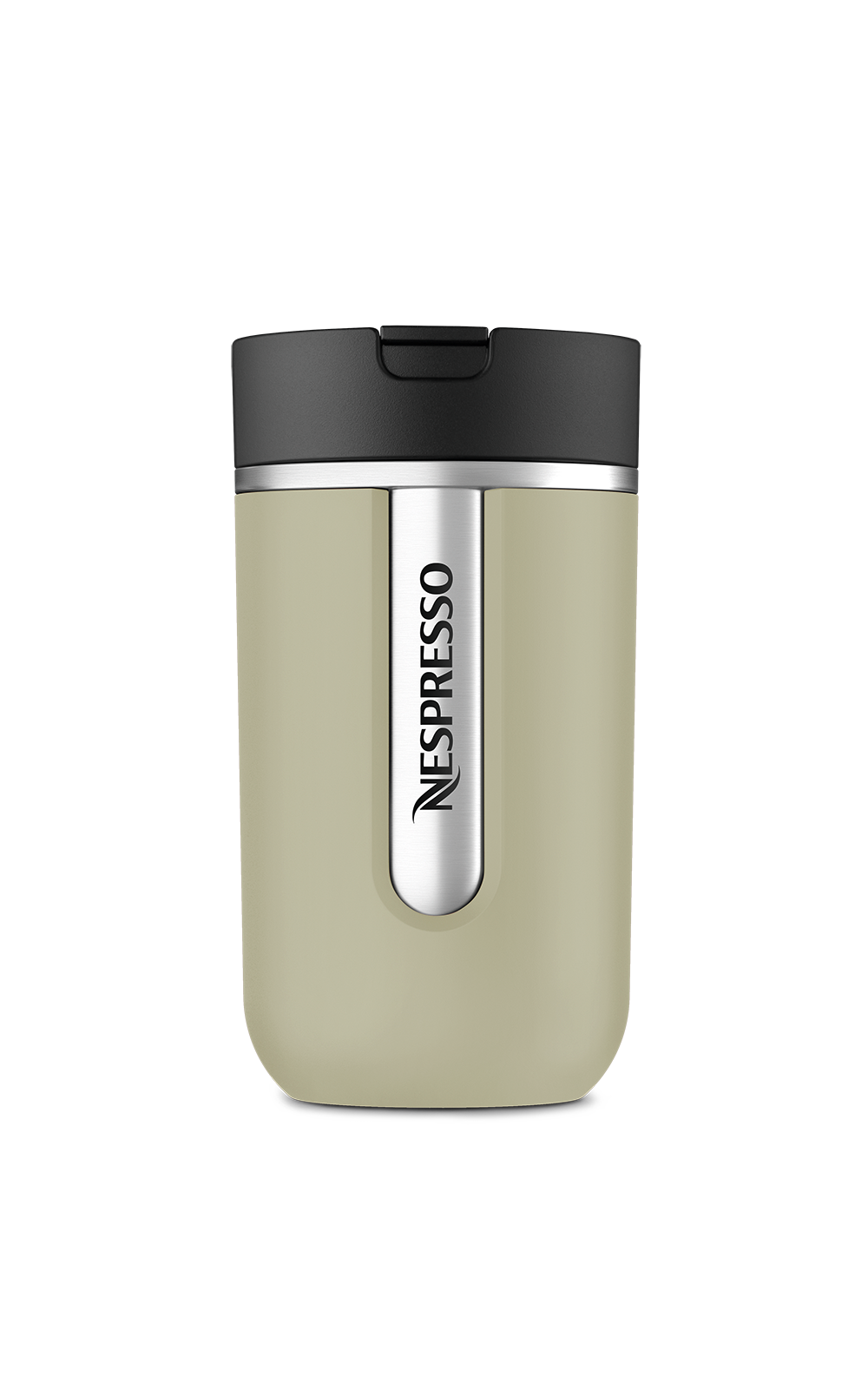 Ein Nespresso-Reisebecher, beiger Körper mit schwarzem Deckel. Silbernes Nespresso-Logo auf einem vertikalen Streifen.