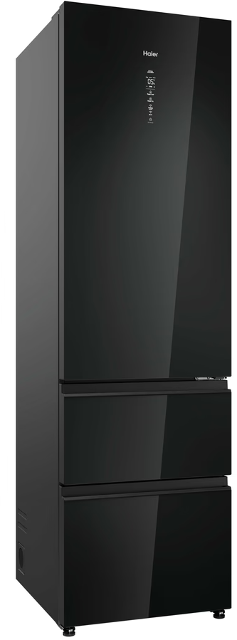 Ein schwarzer Haier-Kühlschrank mit drei Schubladen. Die Seitenansicht zeigt das schlanke Design und die Form.