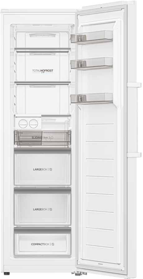 Congelatore Haier bianco. Porta aperta. Cassetti e ripiani. Etichetta Total No Frost. Contenitori trasparenti.