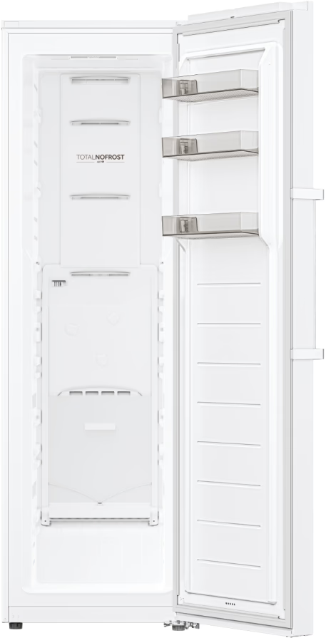 Congelatore Haier bianco. Porta aperta. L'interno mostra ripiani e scomparti. Etichetta Total No Frost visibile.