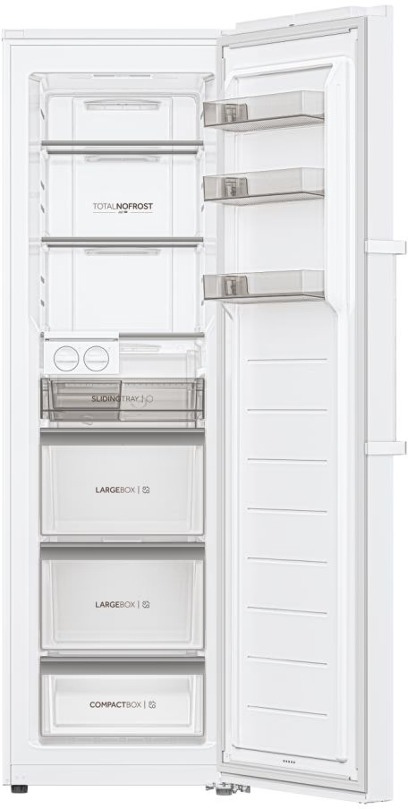 Intérieur du congélateur Haier blanc, montrant étagères et tiroirs.
