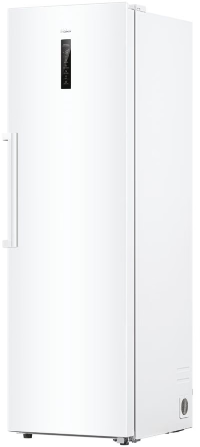 Congélateur Haier blanc, ouvert, montrant étagères et tiroirs.