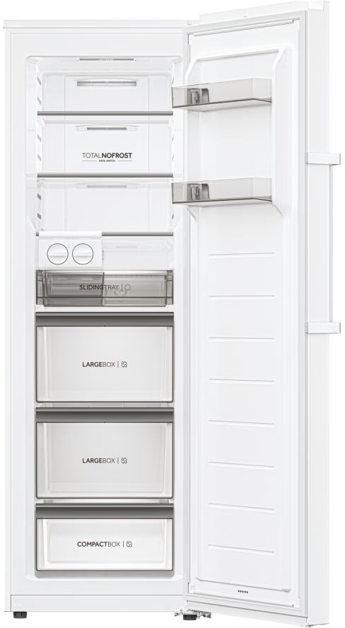Interno del frigorifero bianco, aperto. Sono visibili ripiani, cassetti e un vassoio scorrevole.