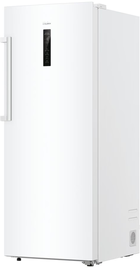 Un congelatore Haier bianco con maniglia laterale e display digitale su sfondo chiaro.