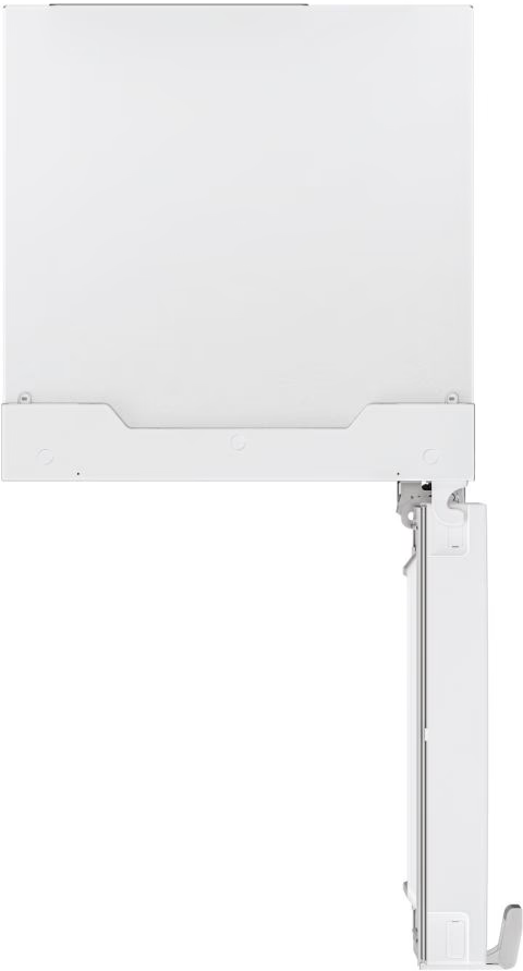 Un componente bianco di un elettrodomestico con cerniera e porta, isolato su sfondo bianco.