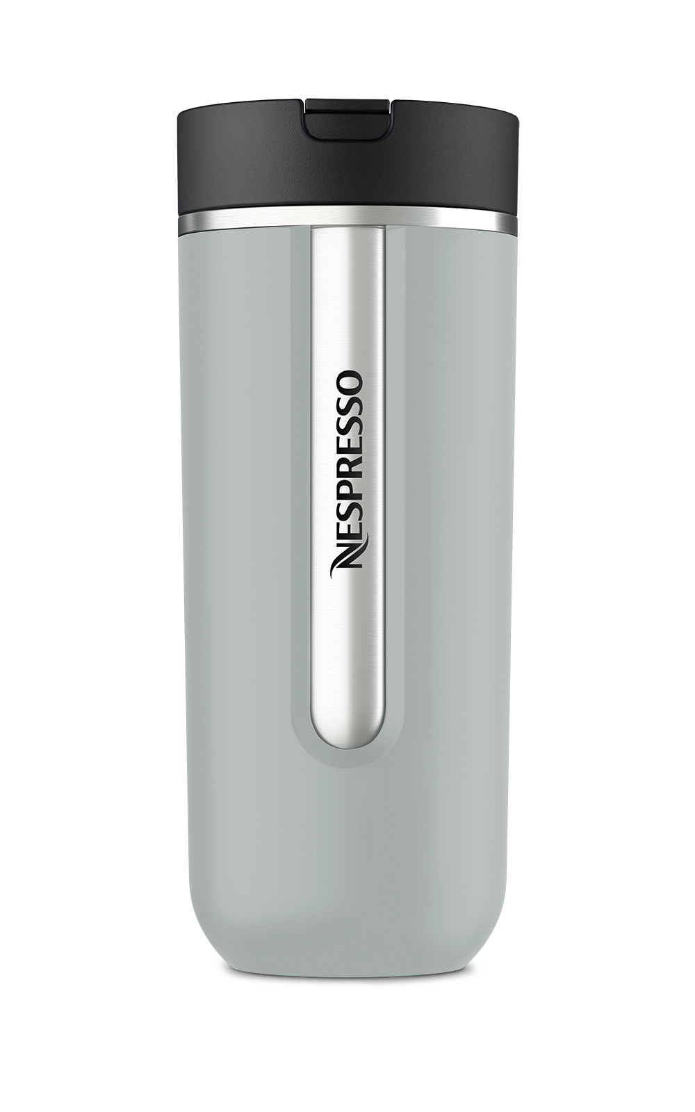 Hellgrauer Nespresso-Reisebecher. Der Becher hat einen schwarzen Deckel mit Markennamen.