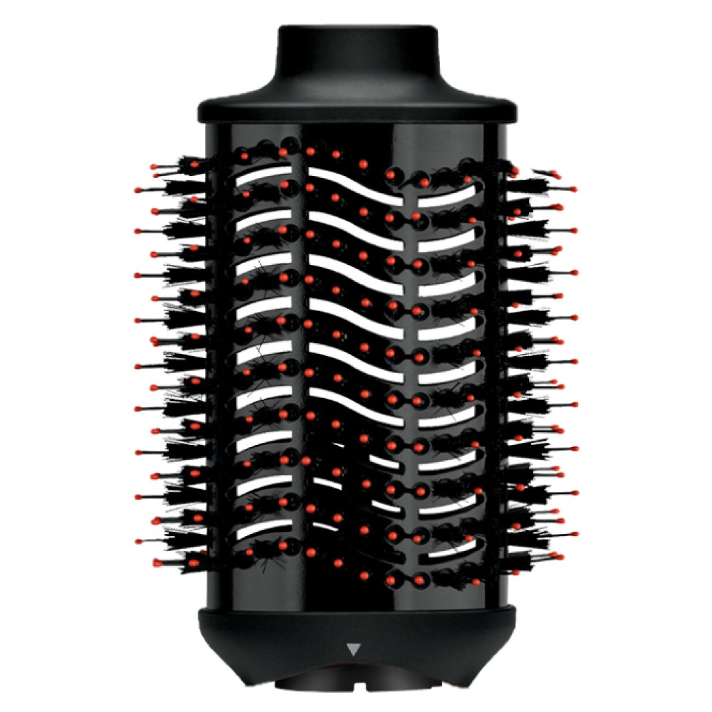 Czarny nasadka do suszarki do włosów z czerwonymi końcówkami. Widoczne białe linie faliste.