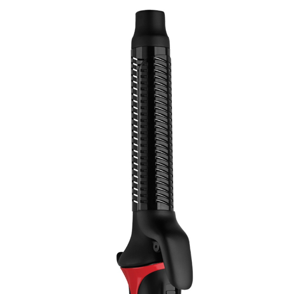 Czarna i czerwona lokówka. Posiada uchwyt i długą, rowkowaną lufę.