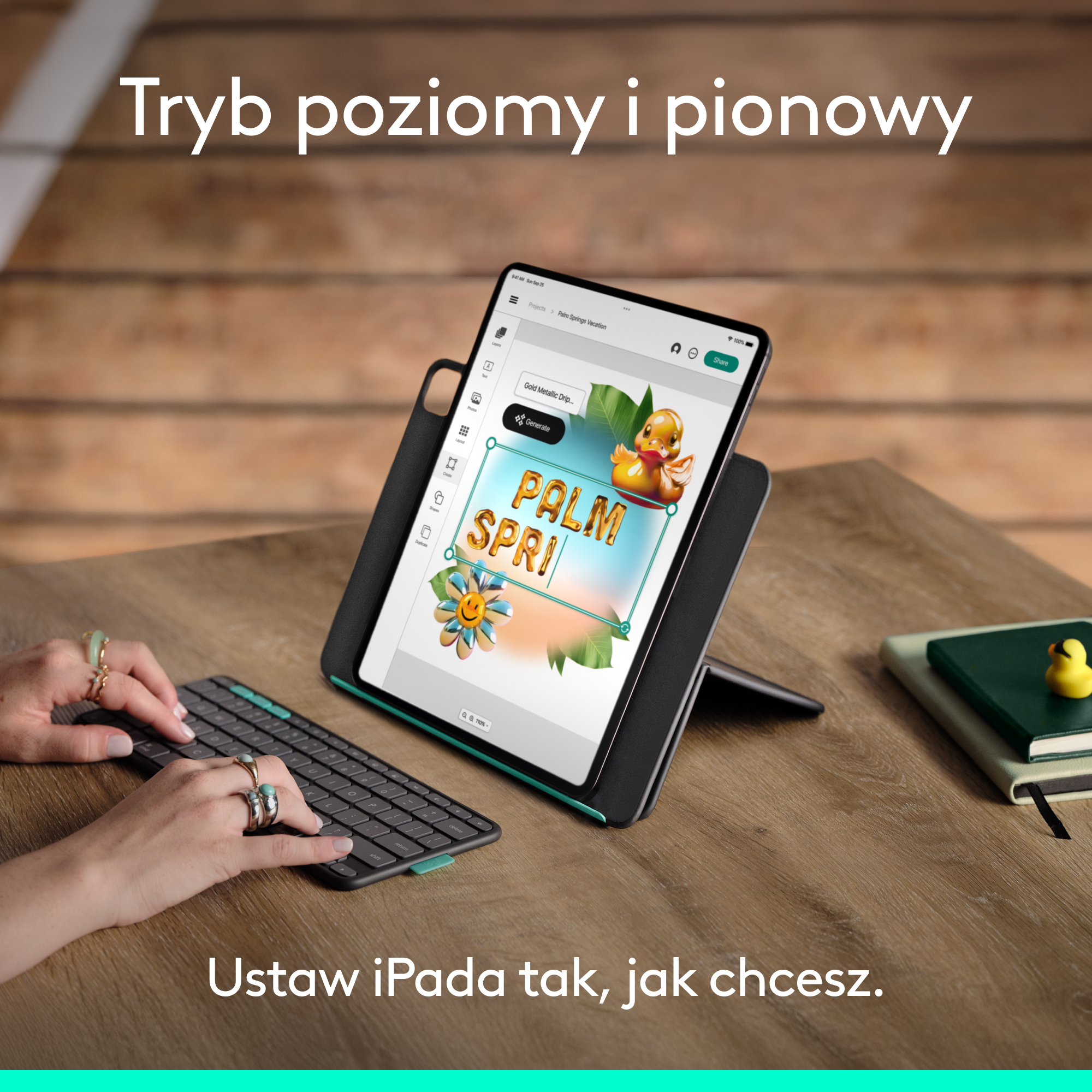 Ręce piszące na klawiaturze podłączonej do tabletu. Tablet wyświetla grafikę Palm Springs, gumową kaczkę i kwiat.