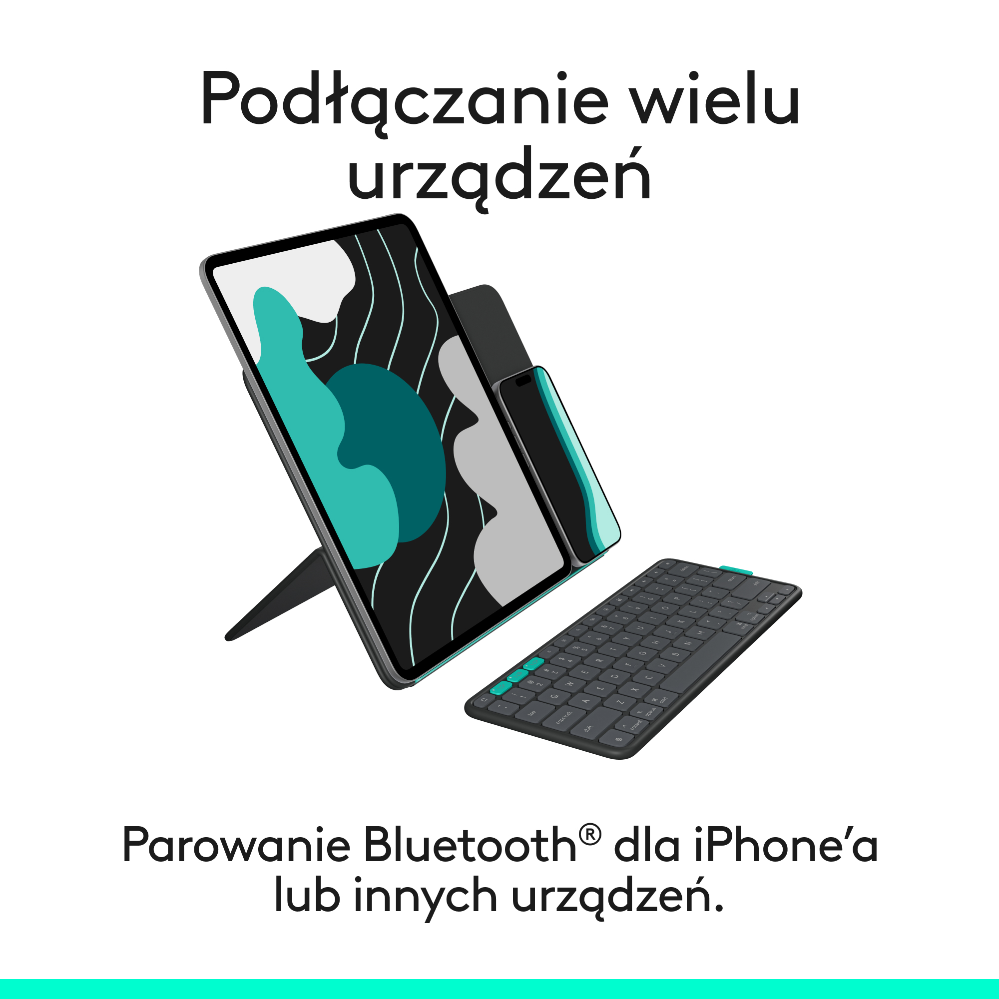 Tablet, klawiatura i telefon. Tablet jest podparty. Wszystkie urządzenia na białym tle, widok pod kątem.