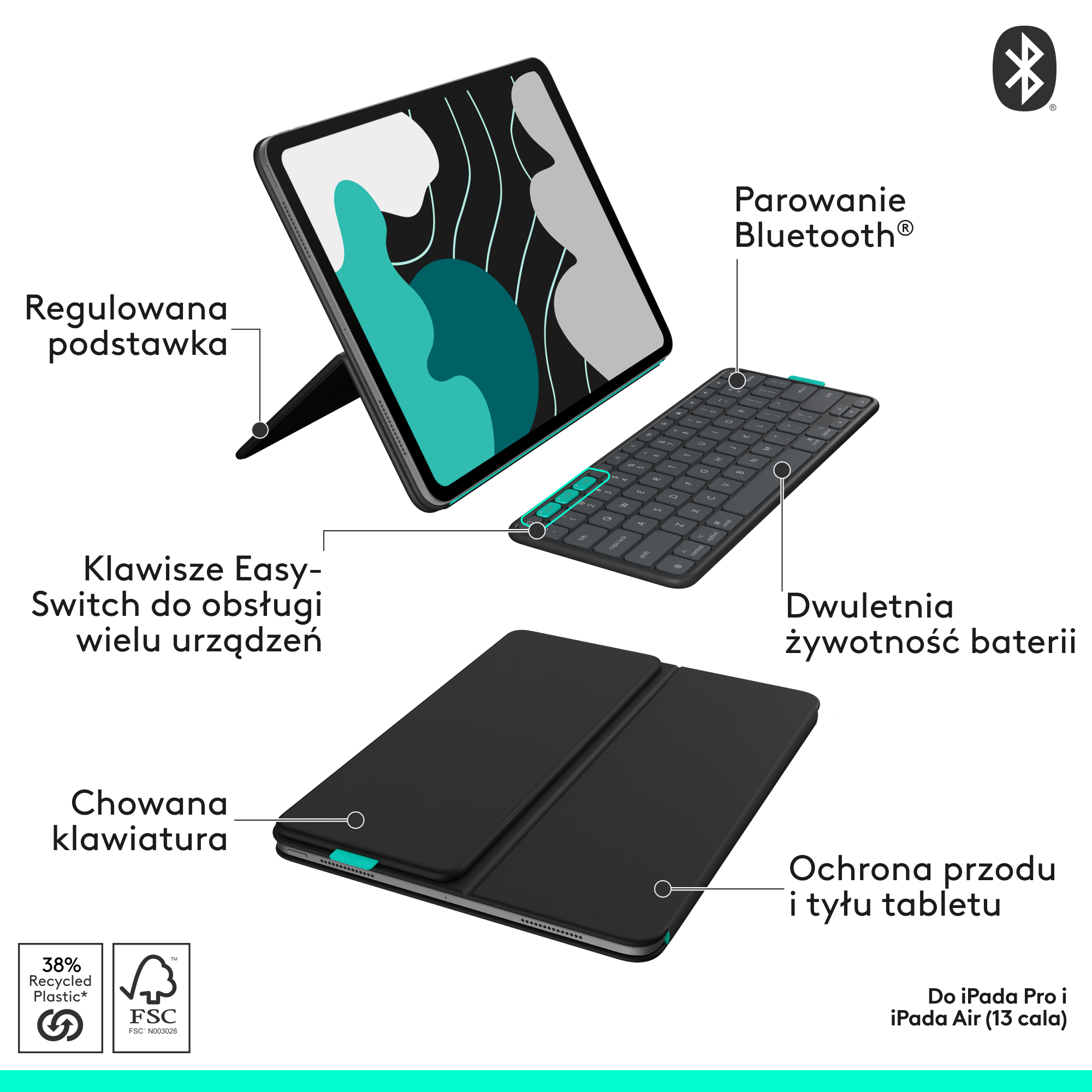 Tablet z etui na klawiaturę, klawiaturą i etykietą FSC. Funkcje obejmują regulowaną podstawkę i osłonę klawiatury.