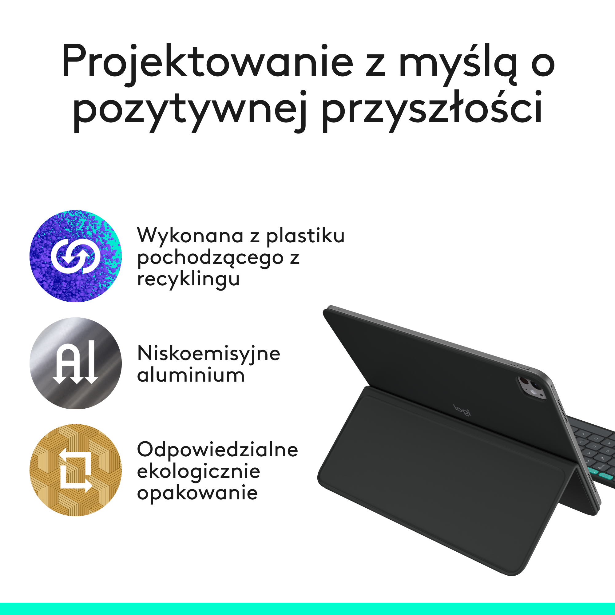 Tablet z ikonami związanymi z recyklingiem, niskoemisyjnym aluminium i odpowiedzialnym opakowaniem. Białe tło.