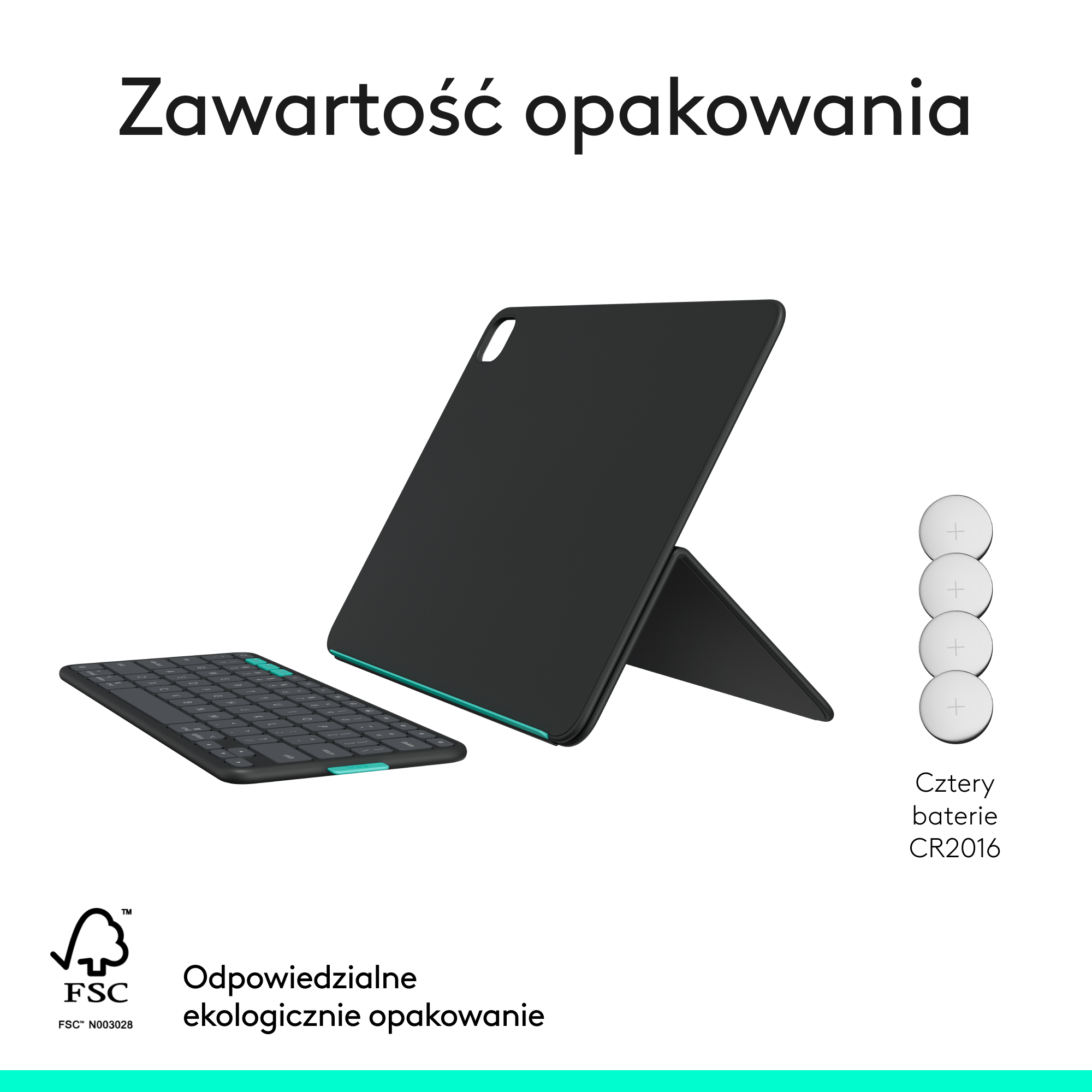 Tablet i klawiatura z bateriami. Pokazuje etykietę FSC i informacje o odpowiedzialnym pakowaniu.