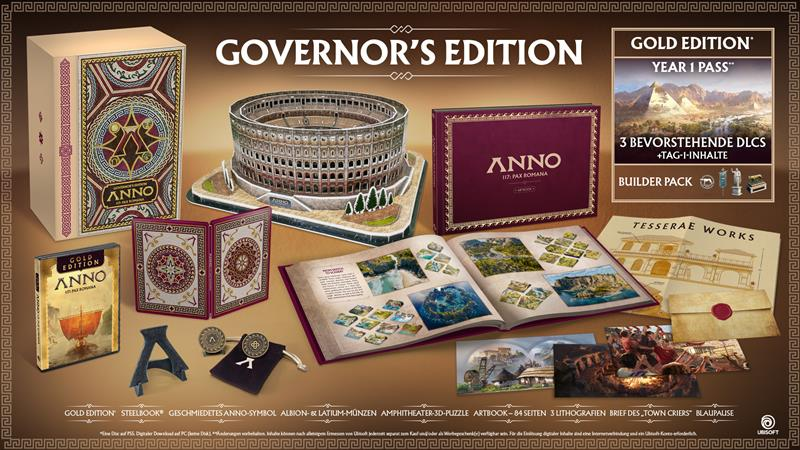 Governor's Edition-Spielset mit Box, 3D-Puzzle des Kolosseums, Buch, Münzen, Artbook und anderen Gegenständen auf braunem Hintergrund.