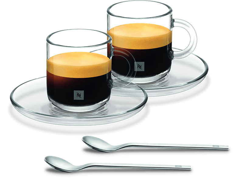 Nespresso Vertuo Espresso Tassen 2er Set, 80ml, Tassen aus Glas mit Untertasse und Kaffeelöffel; Espressogläser